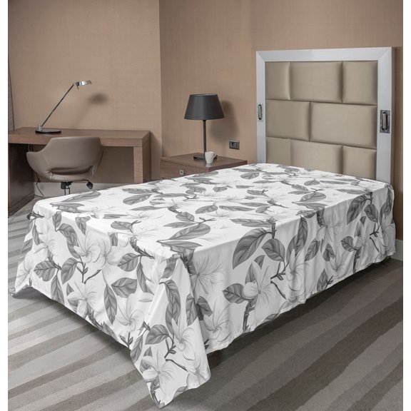 Ambesonne Floral Flat Sheet, Plumeria Flowers Concept, TwinXL Size, Grey and White