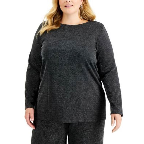 MSRP $80 Alfani Plus Size Shine Long-Sleeve Top Black Size 0X
