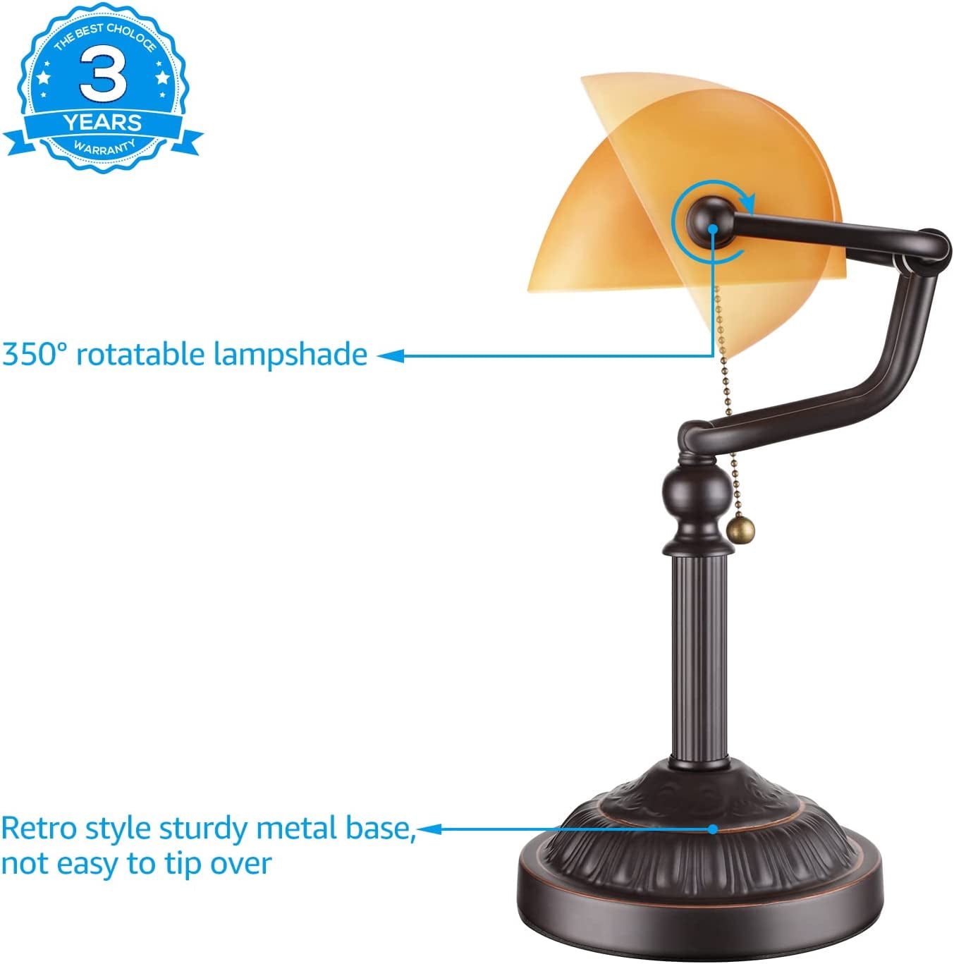 Traditional Bankers Lamp with Pull Chain Switch, Amber Glass Shade, Retro Bronze Base, UL Listed, E26 Base