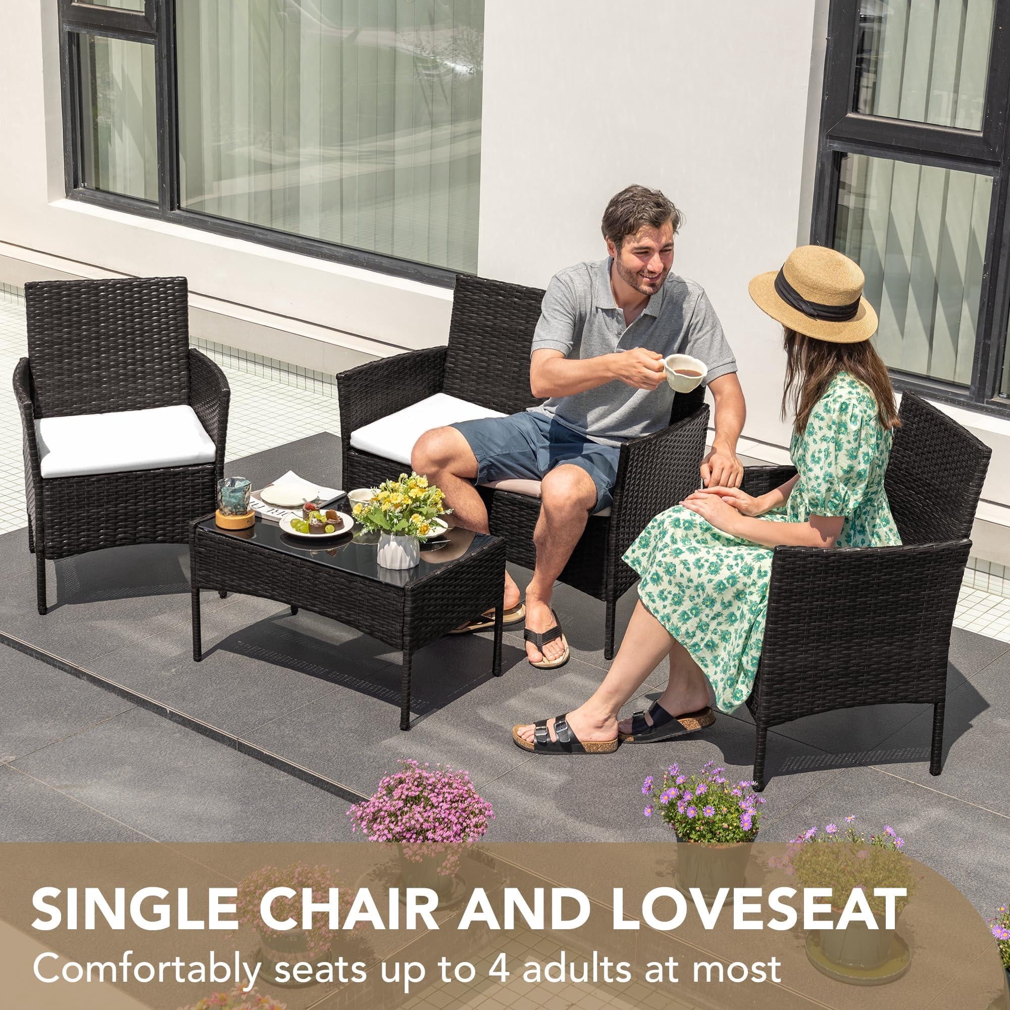 Aukfa 4 Pieces Patio Porch Furniture Sets PE Rattan Wicker Chairs Beige Cushion with Table for Outdoor Garden