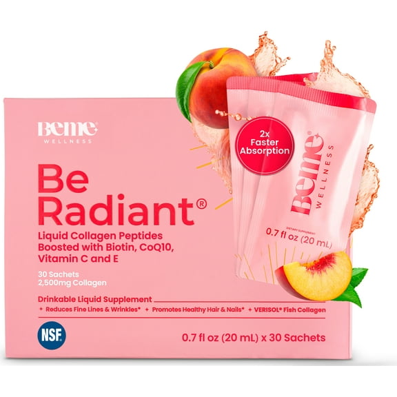 BeMe Liquid Collagen for Women, 2x Faster Absorption & High Bioavailability, boosted with Biotin, CoQ10, & Vitamin C - Peach 30 Sachets
