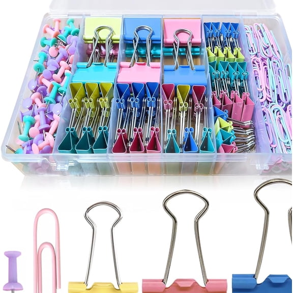 Paper Clips and Binder Clips Assorted, Colored Office Clips Set Large Medium Small Paper Clamps Paperclips Push Pin Thumb Tacks, Office Supplies Document Organizing