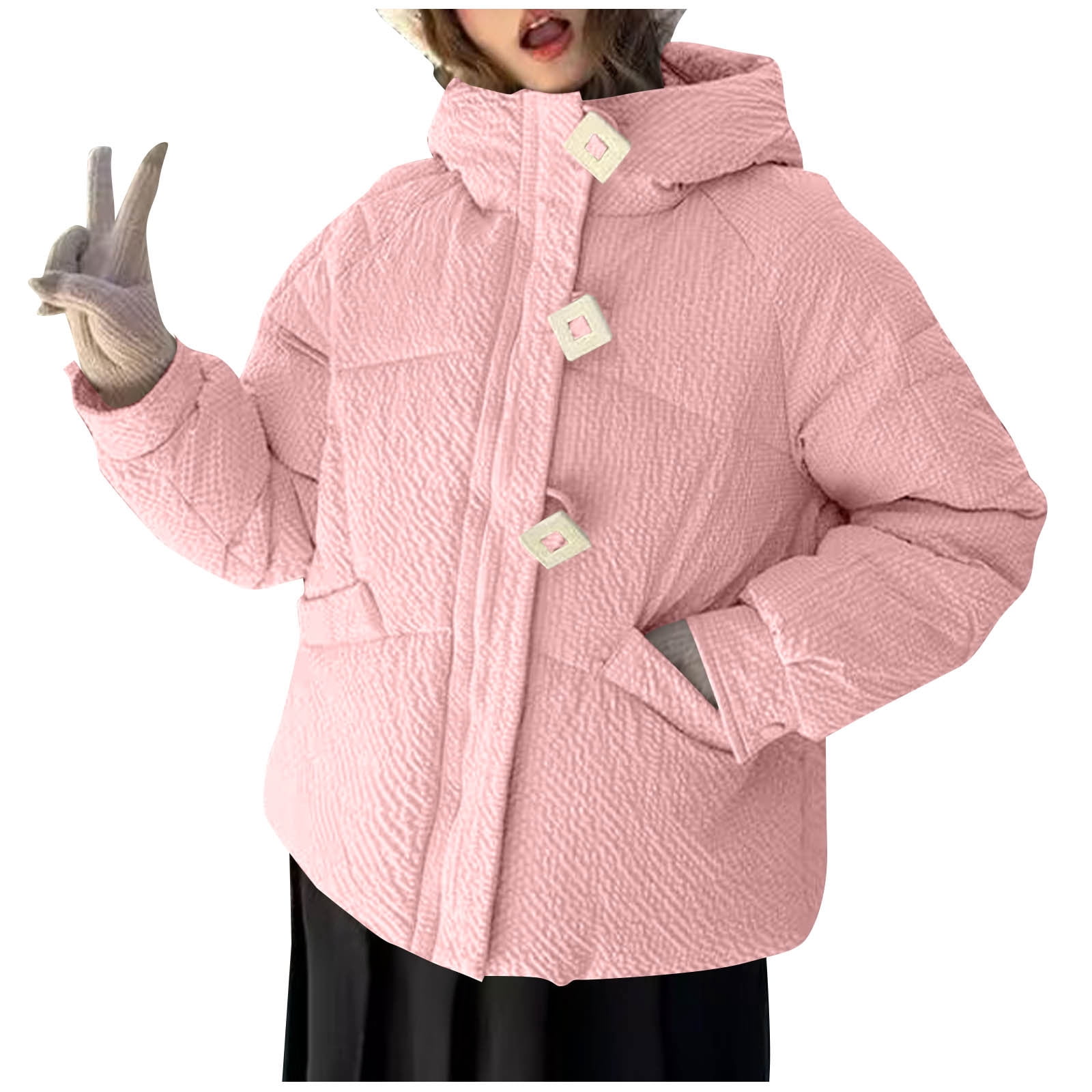 Dvprdro Women's Casual Hooded Long Sleeve Puffer Jacket Winter Buttons Zip Front Quilted Coat with Pockets