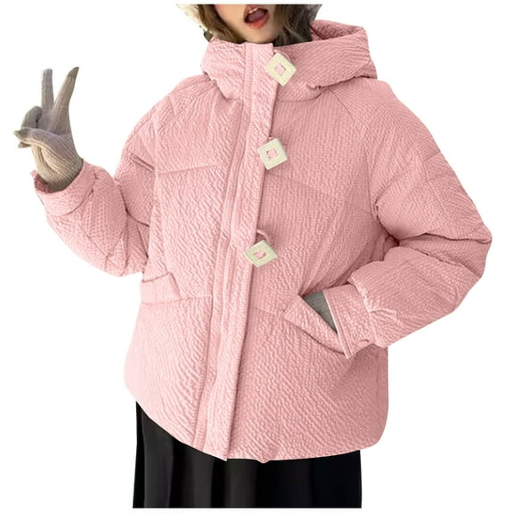 Olyvenn Women's Winter Coat Warm Jacket with Hooded Thicken Coats Ladies Outerwear Oversized Cropped Quilted Puffer Jackets Pink XXL