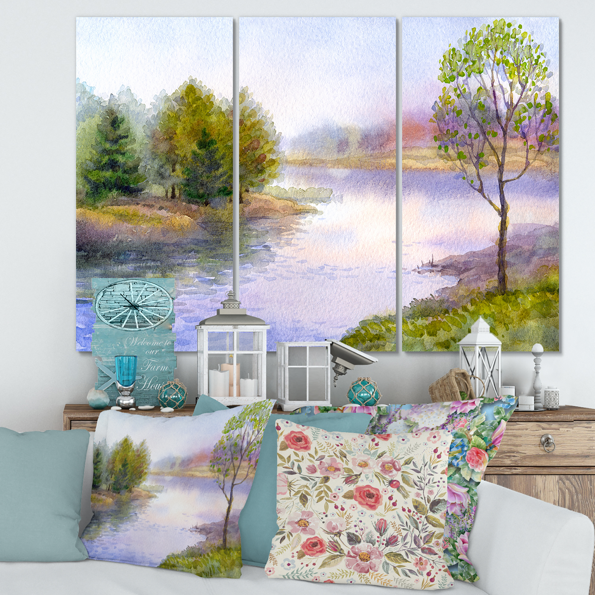 Designart ' Trees On The Bank Of River ' Lake House Canvas Wall Art Print