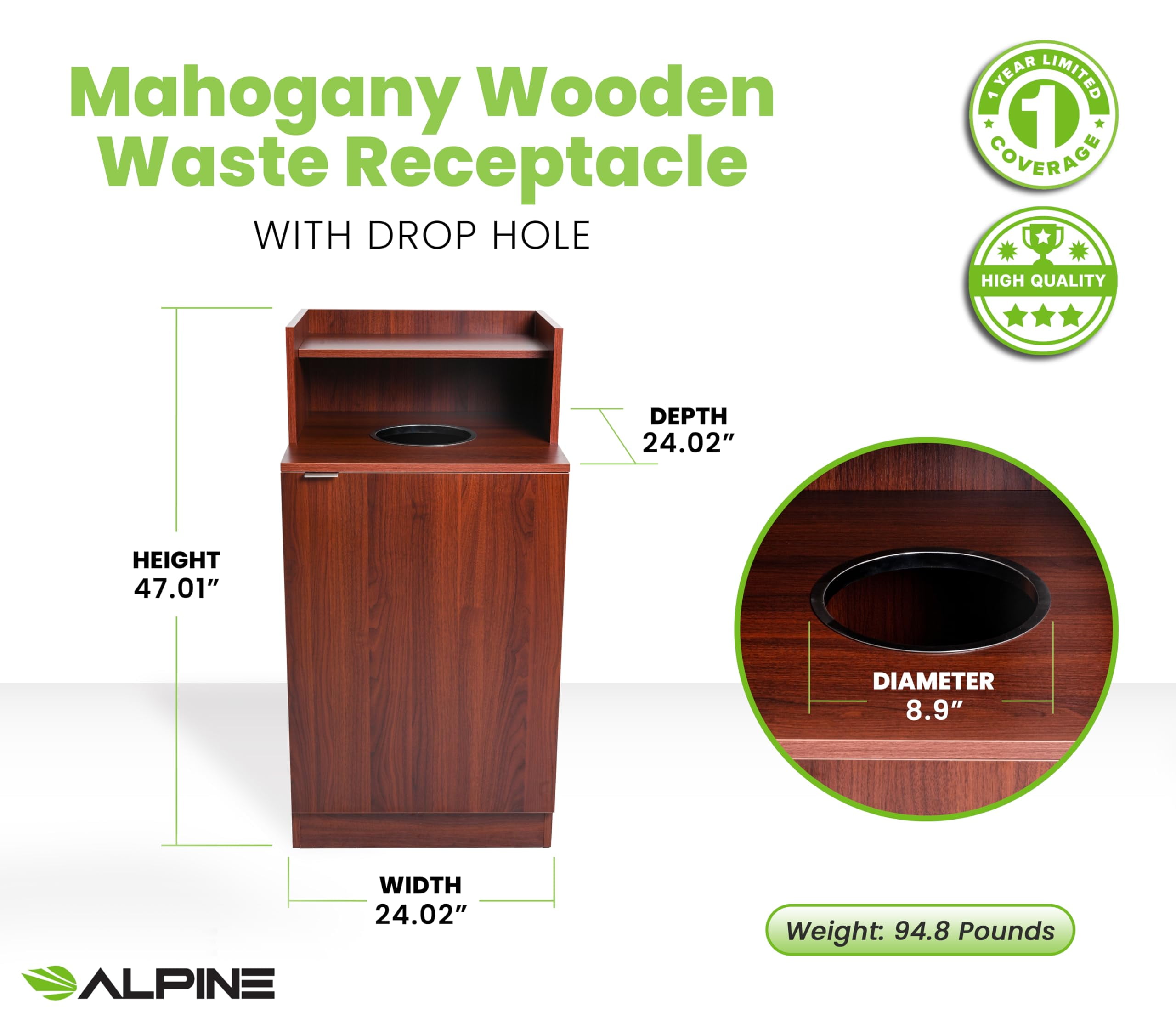 Alpine Restaurant Trash Bin Cabinet - Commercial Trash Can Garbage Receptacle with Tray Holder for 32 Gallon Garbage Bin (Mahogany)