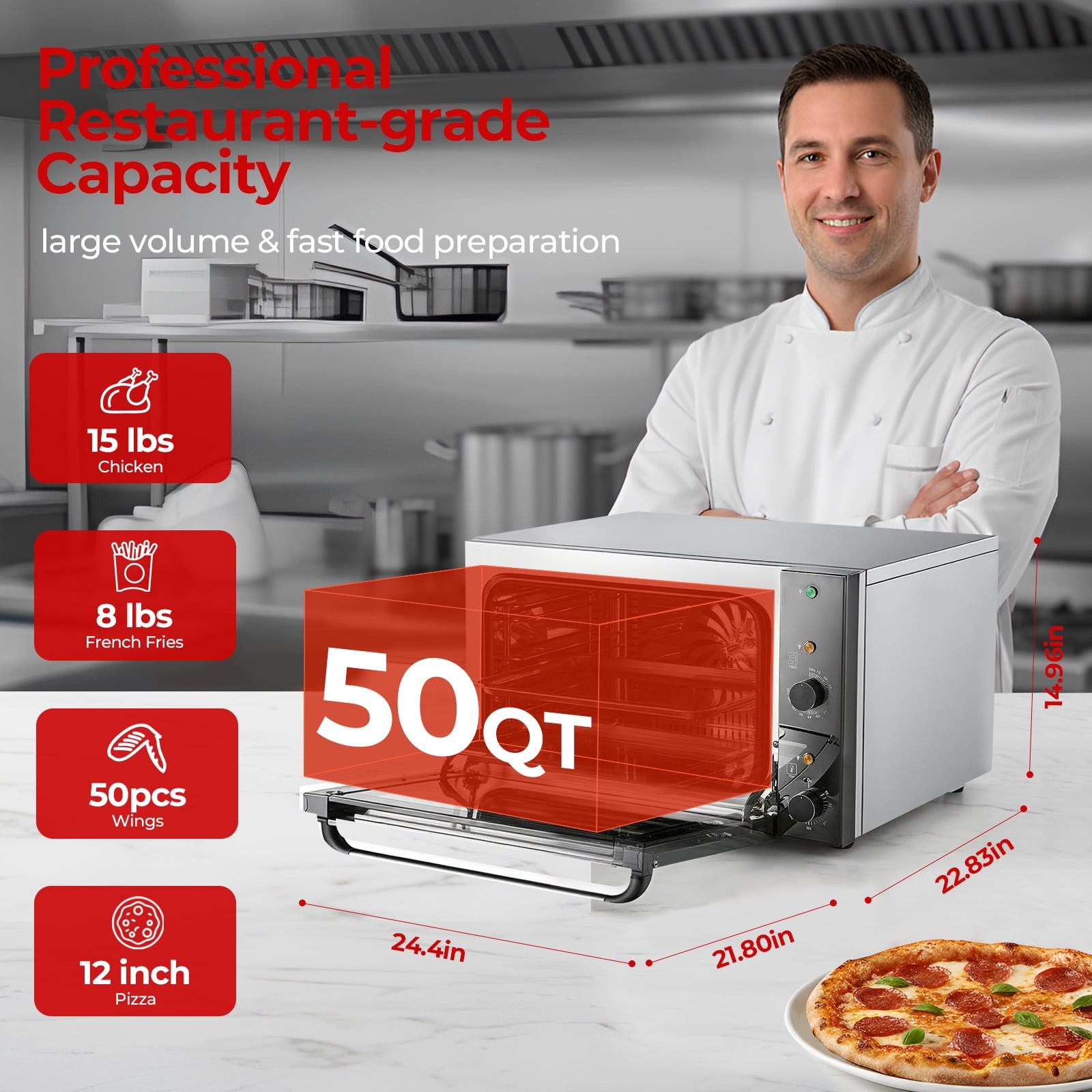 Commercial Convection Oven, 2500W Countertop Oven 50QT Large Capacity Toaster Oven with 122-572°F Control,for Restaurant Bakery Pizza Shop Food Truck