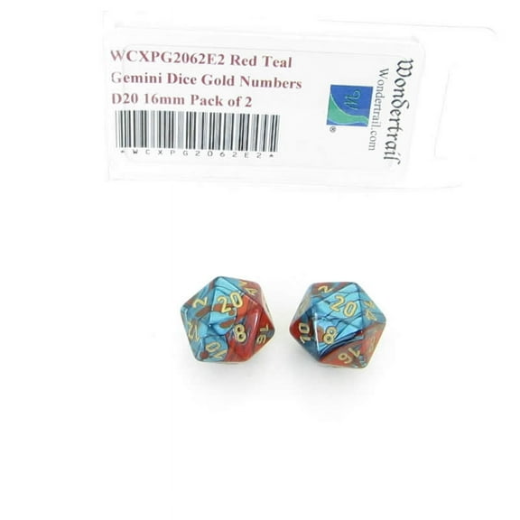 Red and Teal Gemini Dice with Gold Numbers D20 Aprox 16mm (5/8in) Pack of 2 Wondertrail