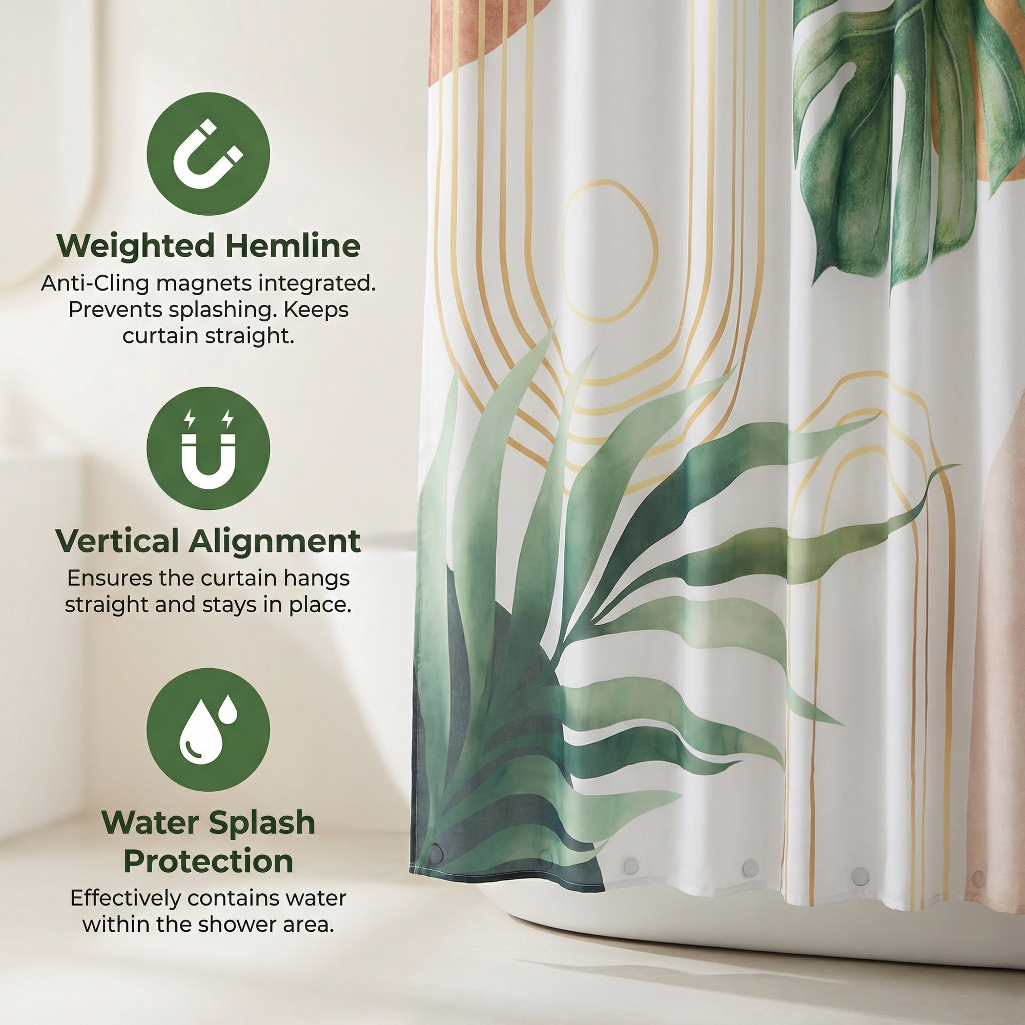 Unique Bargains Leaf Print Shower Curtain Bohemian Waterproof Set Green Gold 71"W x 71"L