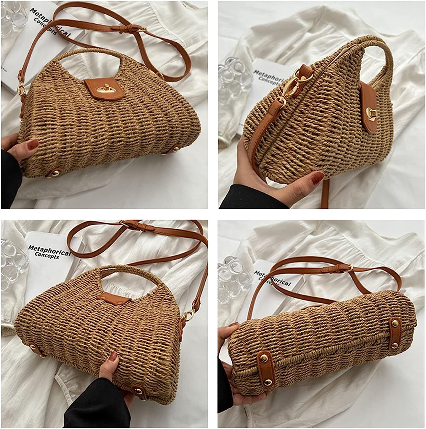 Kukuzhu Straw Handbags Women Summer Beach Tote Bag Hand Purse Vintage Wicker Woven Basket Boho Rattan Clutch Crossbody Shoulder Bag