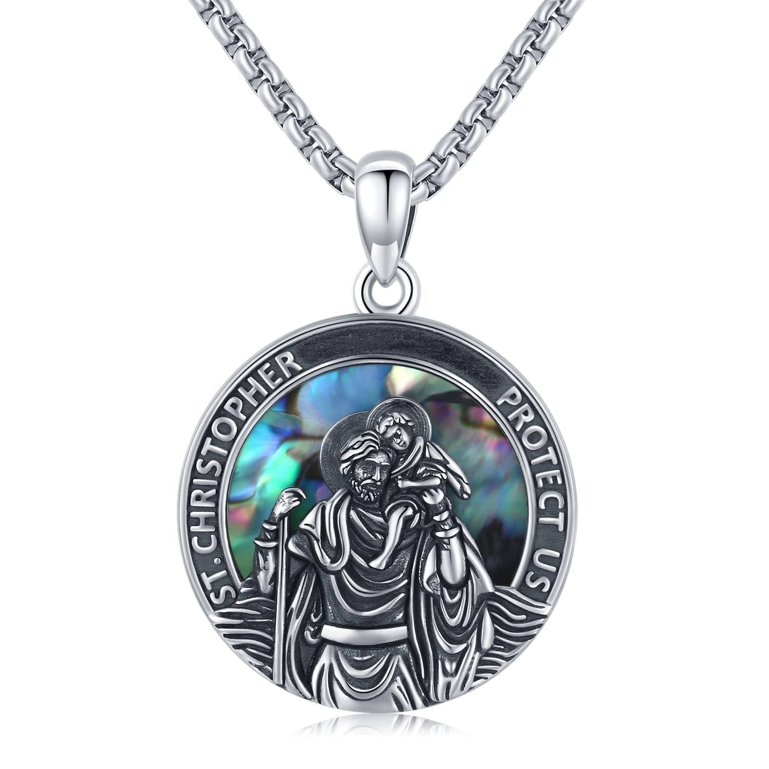 Coachuhhar St Christopher Necklace for Men Women 925 Sterling Silver Round Medal Saint Christopher Pendant Necklace Protection Medallion Necklace Catholic Jewelry with 20"+2" Chain