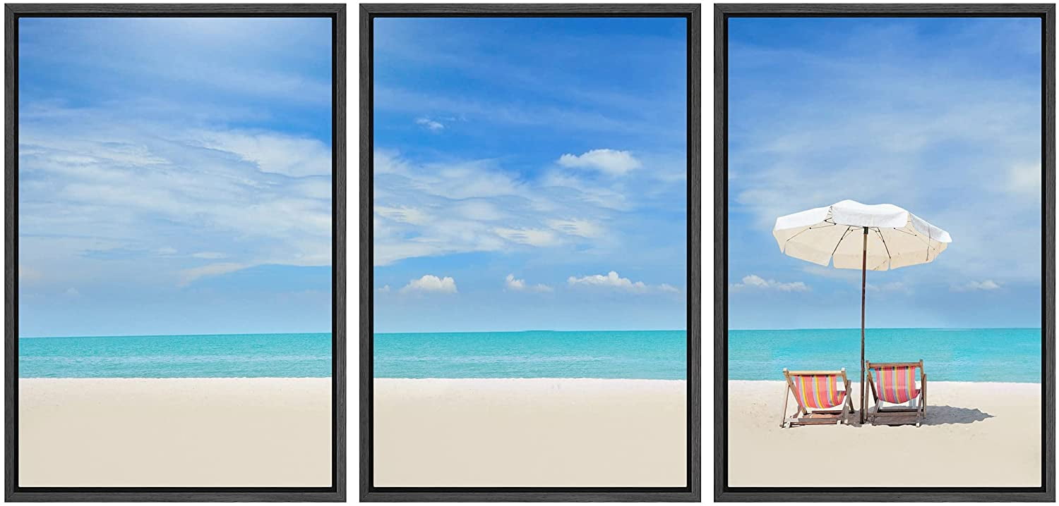 wall26 3 Piece Framed Canvas Wall Art Beach Chairs on The White