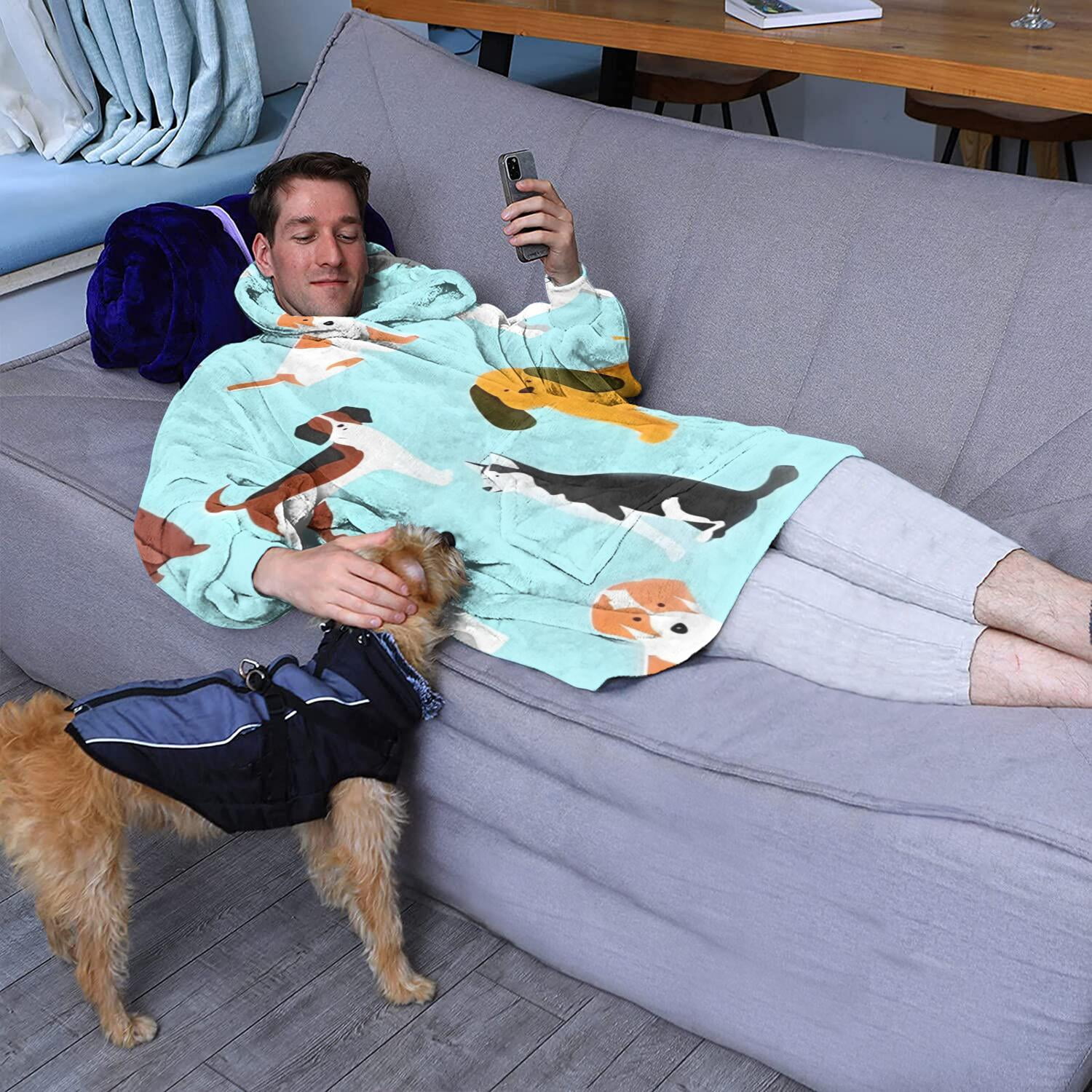 Wearable Oversized Blanket,Cartoon Dog Wearable Blanket Hoodie for Adults,Cozy Hooded Blankets with Super Pockets,Super Warm Fuzzy Pullover for Women & Men