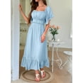 thumbnail image 3 of Women Short Sleeve Midi Dress Square Neck Contrast Color Casual Rick Rack Smocked Dresses Blue L, 3 of 5