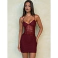 thumbnail image 6 of Women'S Mesh Dress Sleeveless Bodycon Mini Homecomig Dresses for Teens Short Tight Spaghetti Straps Prom Wine Red L, 6 of 9