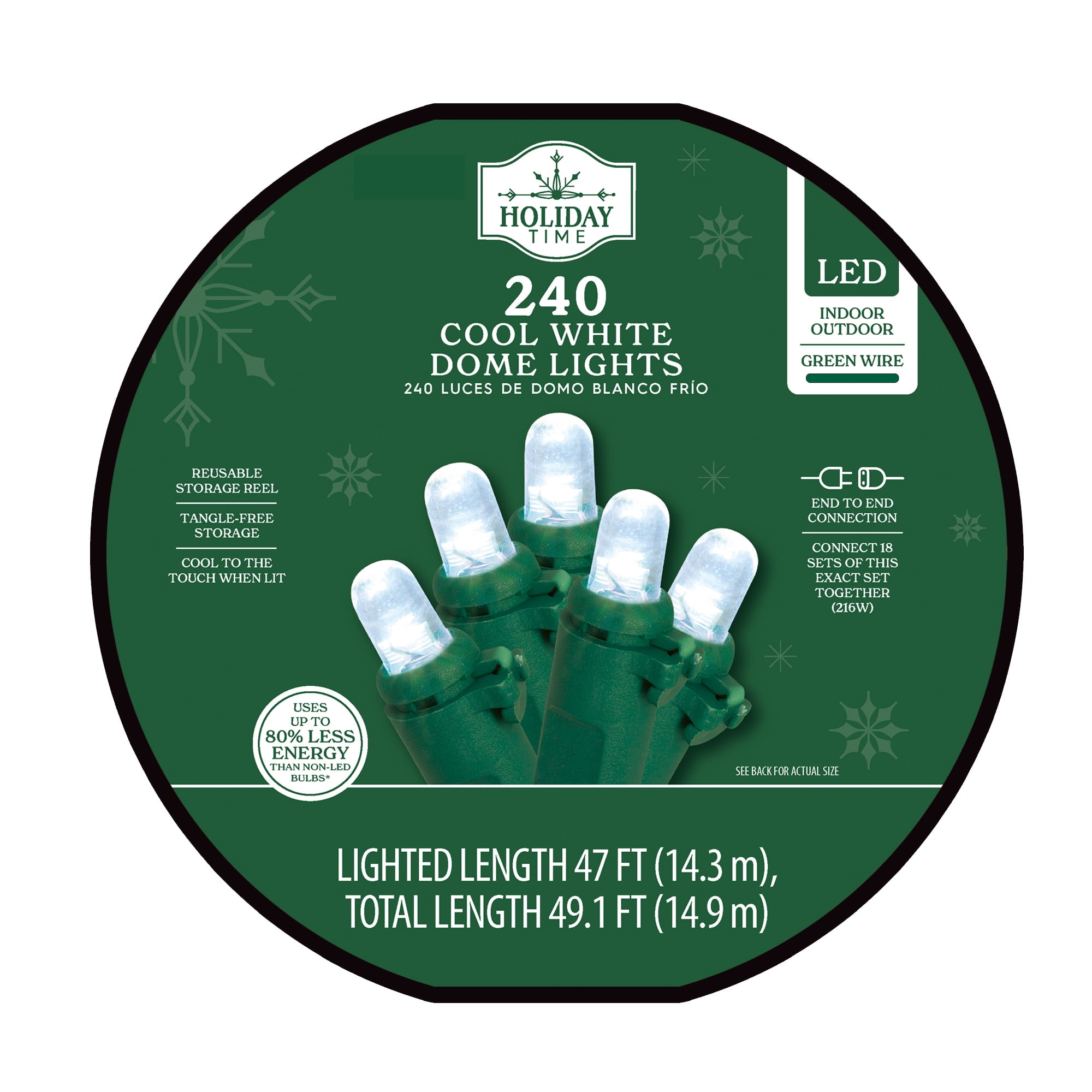 Indoor/Outdoor 240-Count LED Dome Christmas Lights, Cool White, 47', Holiday Time