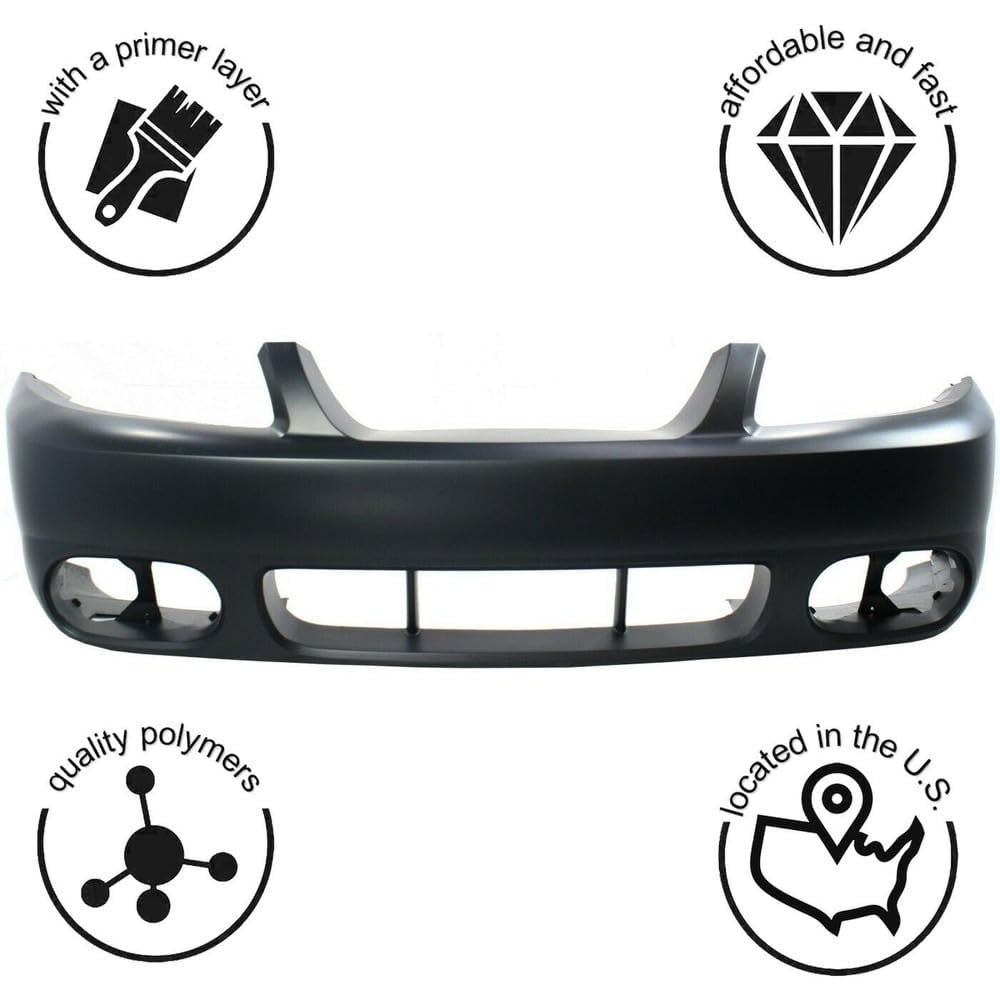 Suitable for Front Bumper Cover for 2003-2004 Ford Mustang SVT Cobra Convertible & Coupe - New, Primed, and Ready for Paint - Includes Fog Light Holes, Excludes Parking Aid Sensor Holes