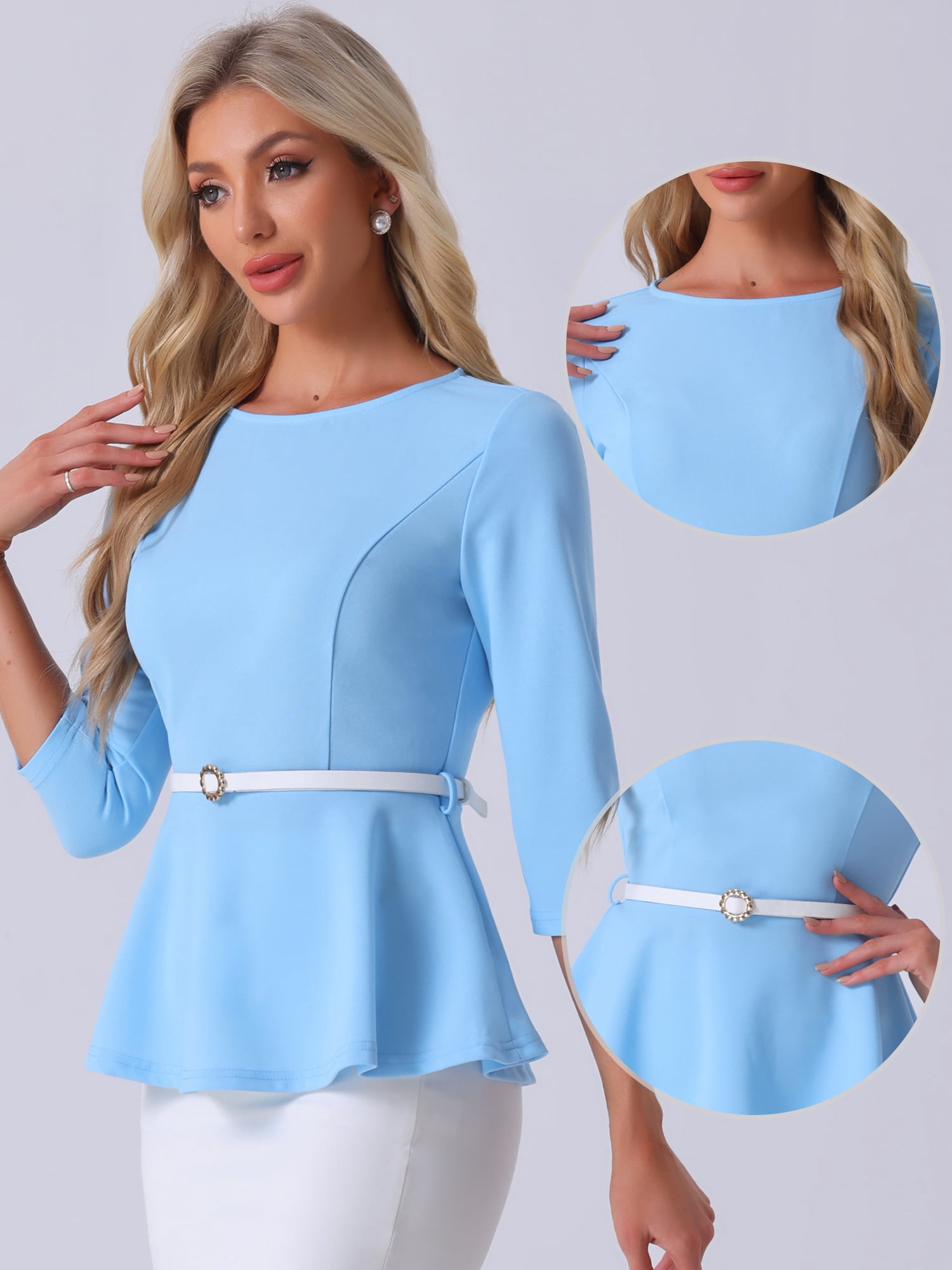 DARING DIVA Women's Round Neck 3/4 Sleeve Elegant Work Peplum Tops S Sky Blue