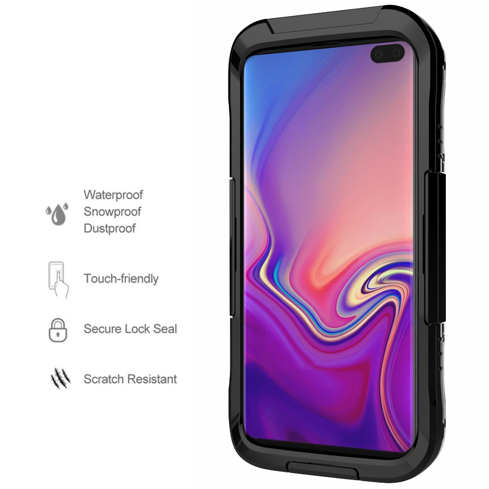Waterproof Fully Sealed Hard Case For Samsung Galaxy S10 Plus With Plastic Screen Protector Cover For Swimming, Beach, Camping, Vacation Outdoor Use (Black)