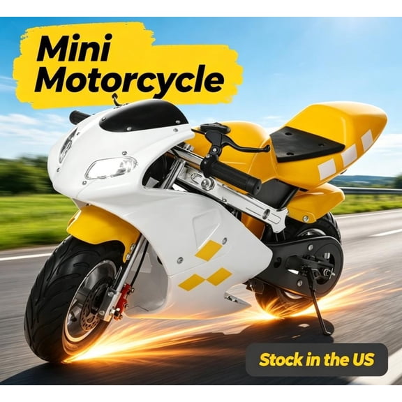 Sioweci 49cc 2 Stroke Pocket Bike Mini Motorcycle for Kids Gas Motorbike With Strong Dual Brake, Racing Max Speed 20Mph, Dual Headlights,White Yellow