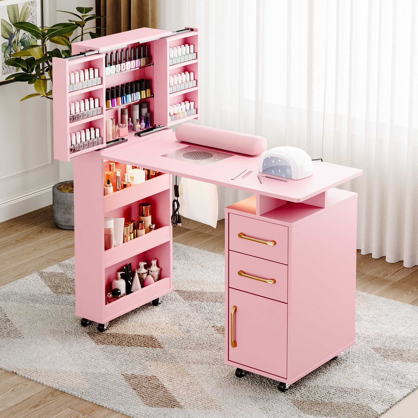Advwin Professional Manicure Table with Extendable Nail Polish Cabinet, Dust Collector, LED Light & Wrist Rest, Rolling Nail Desk for Nail Tech, Beauty Nail Station for Home & Salon, Pink
