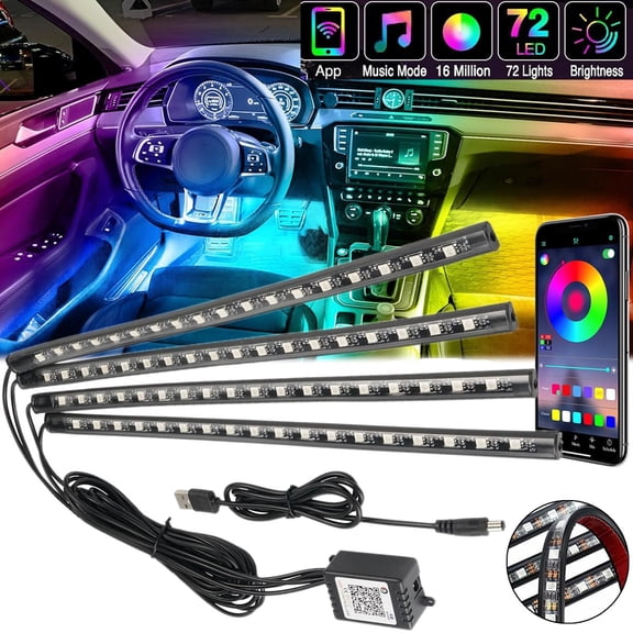 4PCS 72‑LED RGB Bluetooth App Controlled Car Interior Strip Lights Music Sync Multicolor LED Under Dash Lighting Kit with Remote, Sound Reactive Ambient Lighting For Cars & Trucks