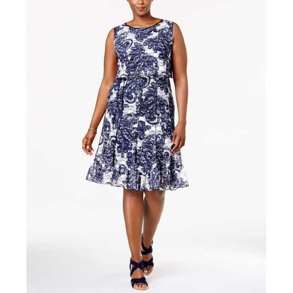 SL Fashions Plus Size Paisley Lace Popover Dress Navy White 18W
