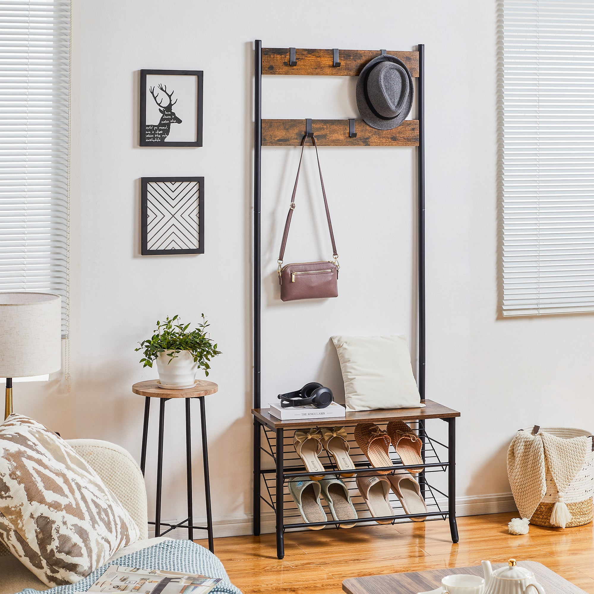 VECELO Coat Rack Hall Tree with Bench & Shoes Storage for Entryway