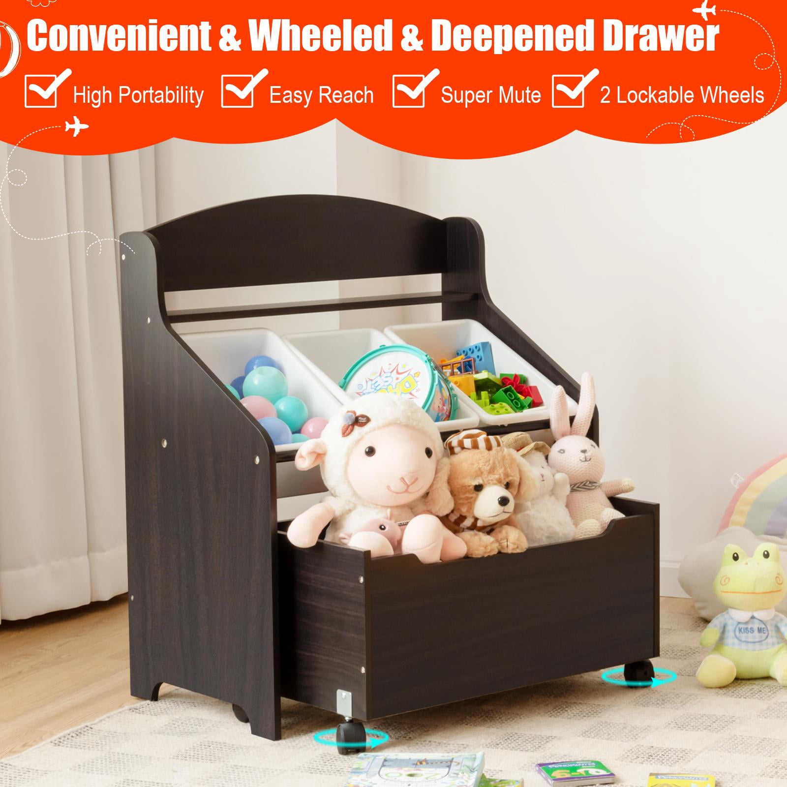 Giantex Wooden Kids Toy Storage Organizer, Toddler Furniture Storage Unit w/Wheels for Child's Bedroom Playroom, Espresso