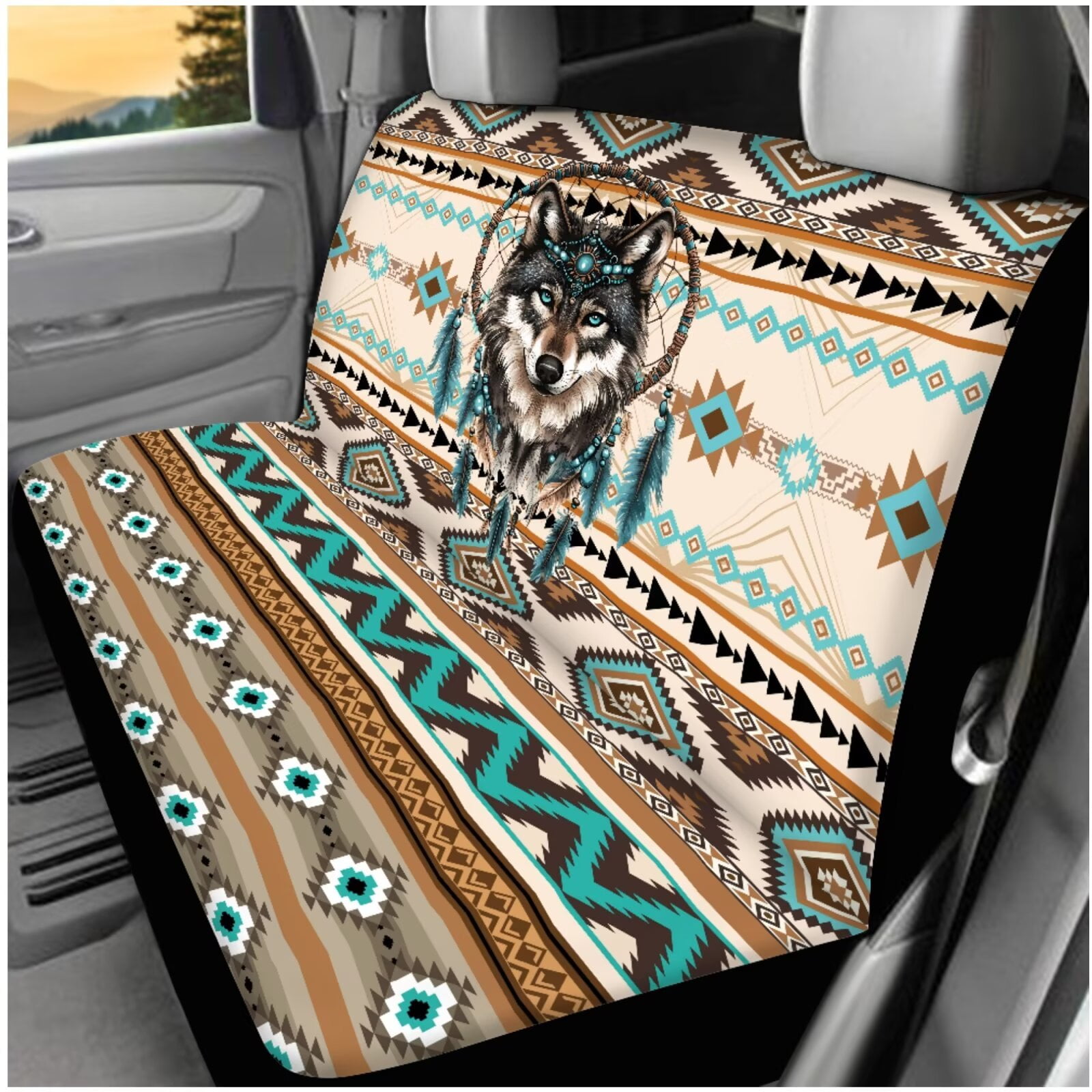 HUIACONG Aztec Car Seat Covers Full Set Dreamcatcher Wolf Car Accessories 14 Pcs - Front and Back Seat Covers with Seatbelt Covers Armrest Cover Steering Wheel Cover Headrest Cover Coaster Keychain