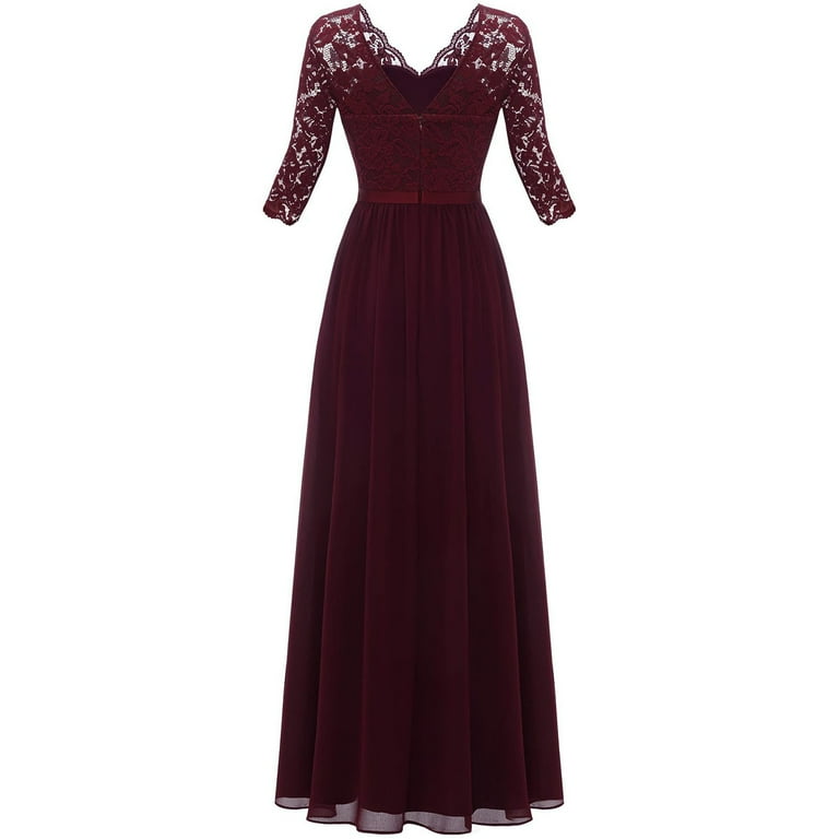 Zshosam Women's V Neck Half Sleeves Lace Maxi Dress Evening Party Elegant Dresses  Long Formal Evening Gown for Wedding Guest(Red,L) - Walmart.com