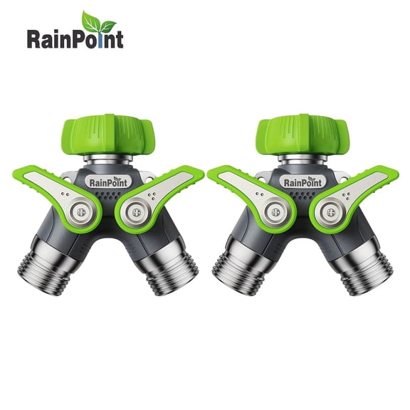 RainPoint Garden Hose Splitter, 2 Way Heavy Duty Water Hose Y Spigot Splitter with Shutoff Valves, 100% Metal Body Outdoor Faucet Splitter, 1.9" Extra Long Metal Handle, 3/4" GHT Thread (2, Green)