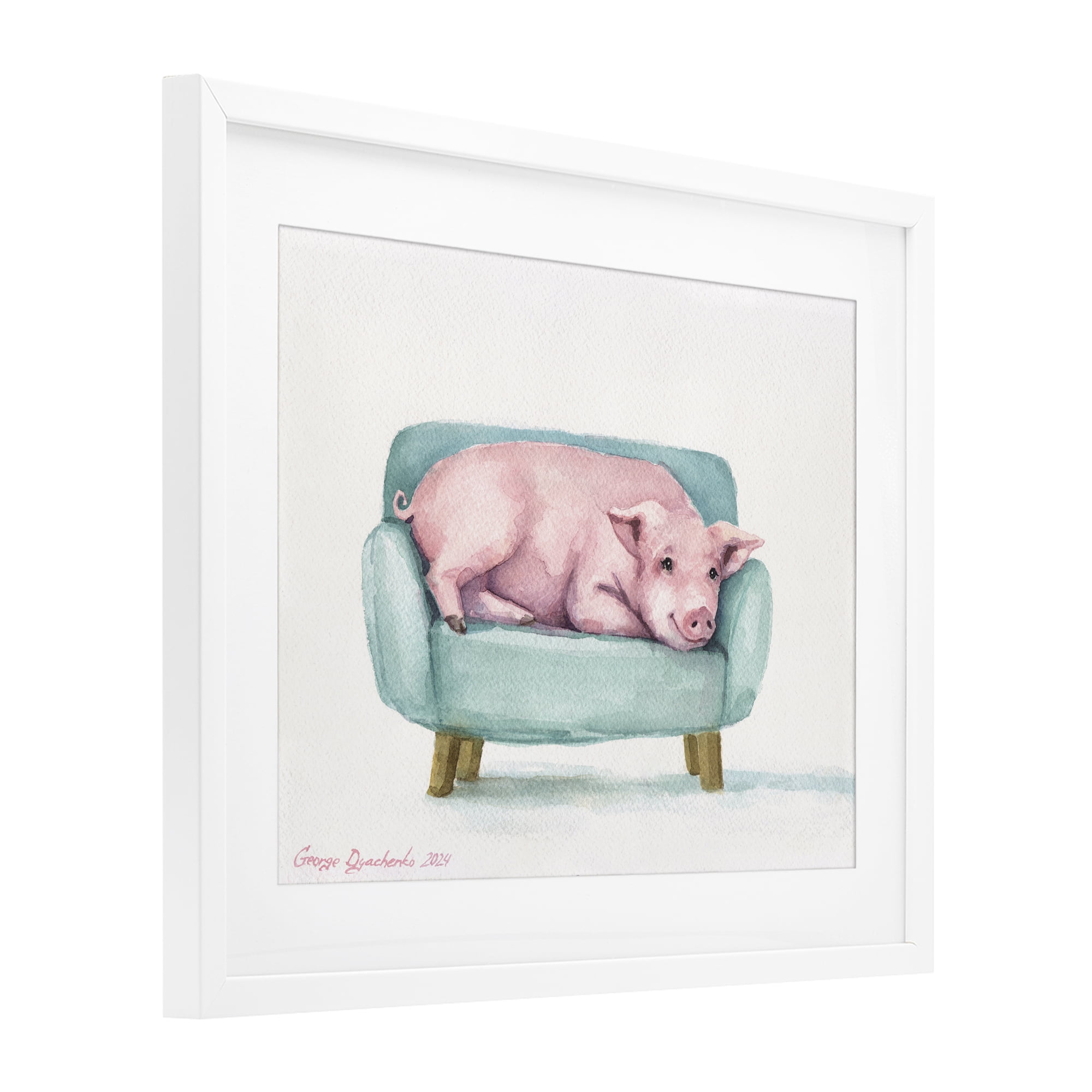 Stupell Industries Cute Piglet on Armchair White Framed Print Under Glass, design by George Dyachenko