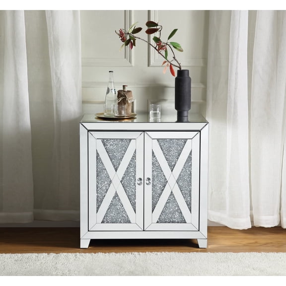 Mirrored Console Table with Faux Diamonds Inlay 2 Door Storage Cabinet Mirrored Tapered Legs 4mm Tempered Glass