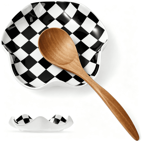NORIZF Ceramic Spoon Rest, 5.3In Black & White Pattern, Heat Resistant Cooking Spoon Holder for Kitchen Countertop, Stove Top, Spatula, Ladle, Coffee Spoon Rest