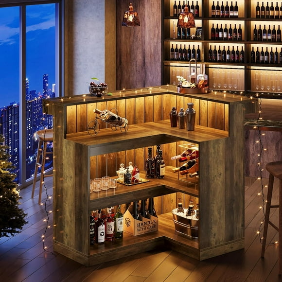 Tribesigns L-Shaped Home Bar Unit, 4-Tier Corner Liquor Bar Table with Storage Shelves and Wine Glass Holder, Industrial Wine Cabinet Reception Desk, Brown