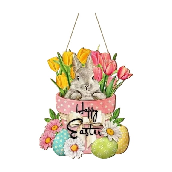 Zephyrn Wooden Easter Decoration Door Wreath for Front Door Sign Wall Signs Rabbit Spring Decor, Bunny Sign Flower Egg Welcome Hanging for Outdoor indoor