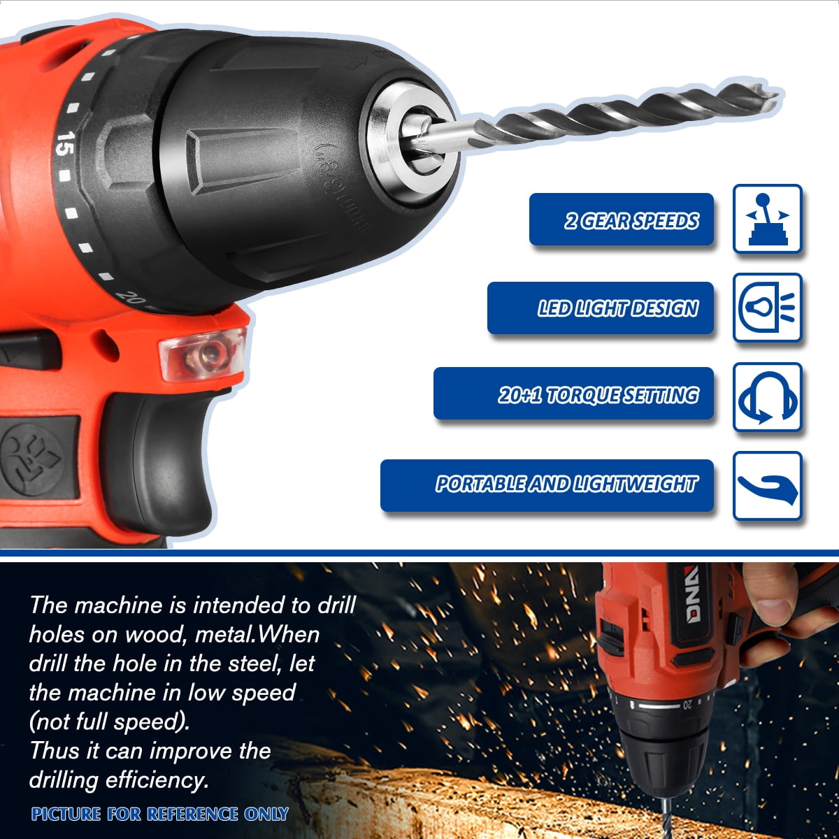 DNA Motoring WMT-TOOLS-00158 Cordless Electric 12V Drill Driver, Keyless Chuck, 20+1 Torque