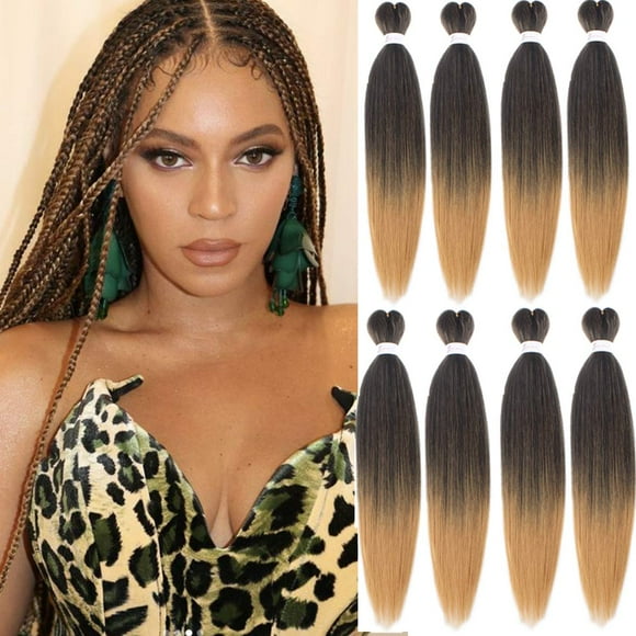 Leeven 8 Packs Ombre Brown Pre Stretched Braiding Hair Extension 26'' Yaki Straight Synthetic Hair Fiber Hot Water Setting Easy Braids Hair Extension for Woman /26 Inch T27#