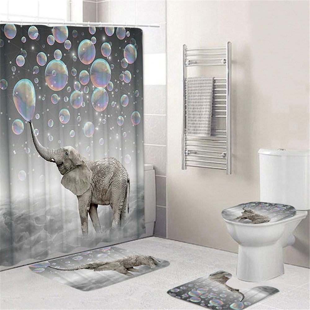 Makeup Elephant Shower Curtain Bath Mat Toilet Cover Rug Animal Bathroom Decor 