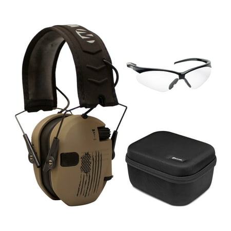 Walker s Razor Slim Electronic Hearing Protection Muff Distressed Flag with Protective Glasses and Hard Case (3 items)