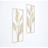 Modern Golden Leaf Metal Wall Art Set of 2 - Handcrafted Iron Wall Decor for Living Room, Bedroom, Office - 11.8x33.5 Inch 3D Botanical Wall Hanging (Gold)