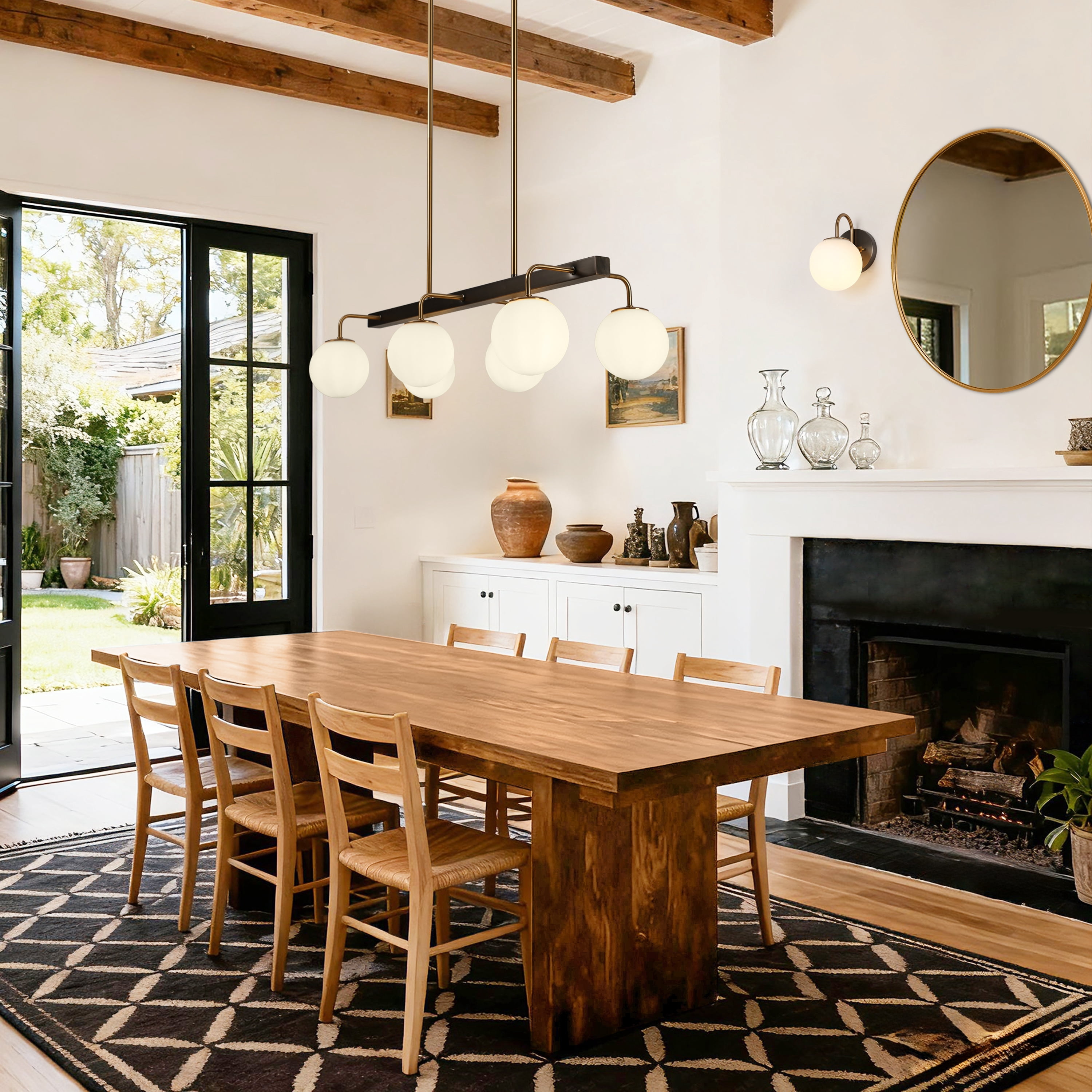 LNC Aladarimostinin 6 -Light Polished Brass and Brushed Black Modern/contemporary Opal glass Linear Large Hanging Kitchen Island Light