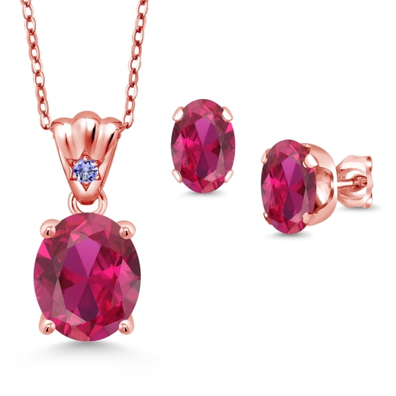 18K Rose Gold Plated Silver Red Created Ruby and Blue Tanzanite Pendant and Earrings Jewelry Set for Women (6.74 Cttw, Gemstone Birthstone, Oval 11X9MM and 8X6MM with 18 inch Silver Chain)