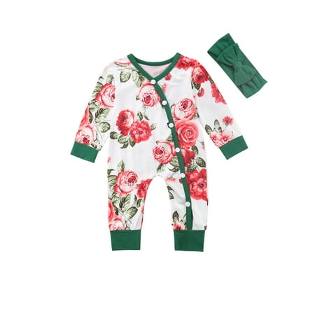 

Autumn Newborn Baby Girls Long Sleeve Floral Romper Jumpsuit Infant Headband Clothes Outfits Set