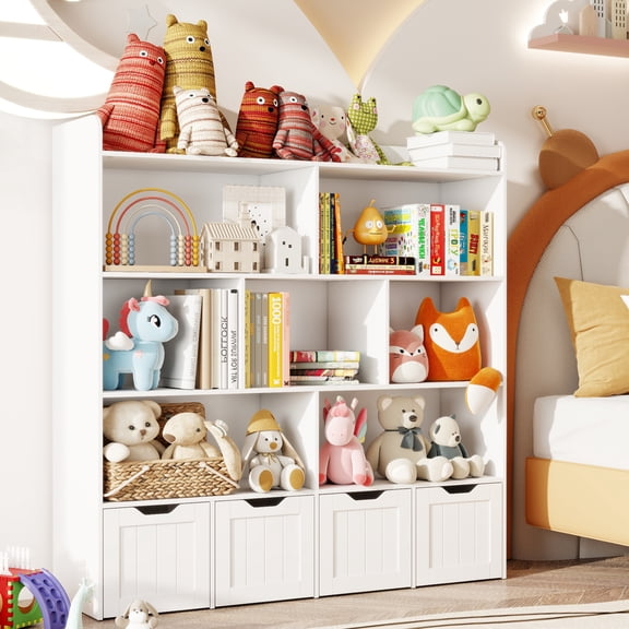 48" Toy Storage Cabinet with 4 Movable Drawers 5-Tier Kids Bookcase with 8 Open Shelves Girls Shelf Organizer for Playroom Nursery Kids Room, White