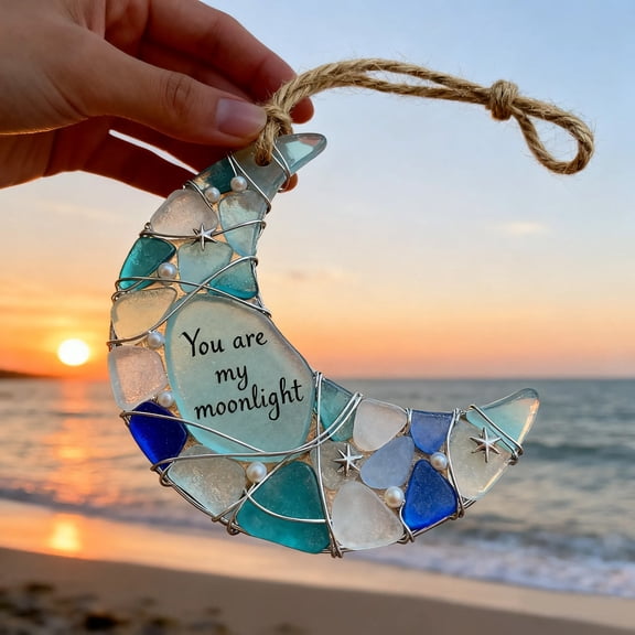 YIKA "You are my Moonlight" Moon-Shaped Sea Glass Friendship Pendant - Dainty Handmade Pendant, Ideal for Friendship Keepsakes & Daily Wear Blue