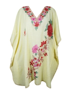 Mogul Women Beige Embroidery Mid Length Caftan Dress V-Neck Kimono Sleeves Resort Wear Cover Up Tunic Kaftan Dresses 3XL