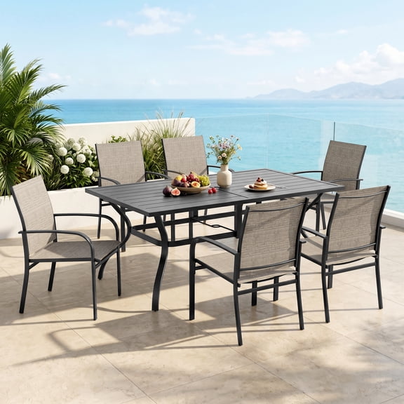 MF Studio 7-Piece Outdoor Patio Dining Set with Rectangle Steel Table & Textilene Chairs for 6-Person, Black & Brown