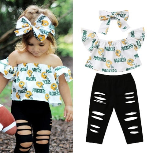 Cute Style Kids Baby Girls Off Shoulder Tops Ripped Leggings Pants 3PCS Outfits Set
